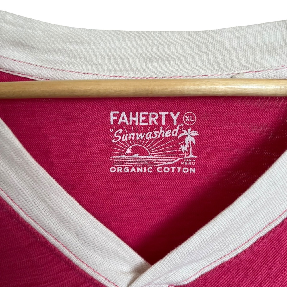 Faherty 100% Organic Cotton Hot Pink Sunwashed Slub Varsity V Neck Tee SZ XL - Picture 7 of 12